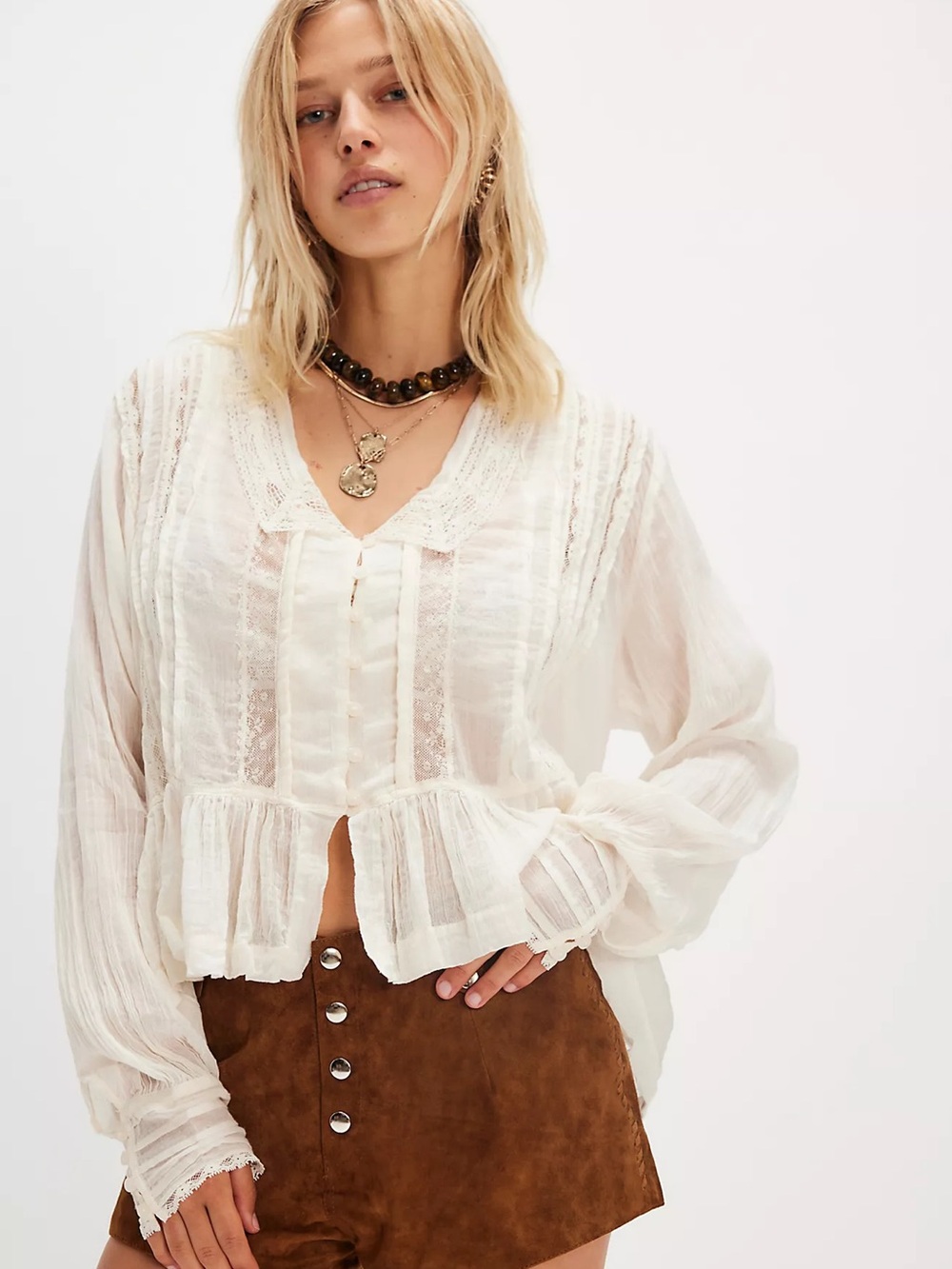 NEW Free People Elodie Blouse Ivory V Neck Balloon Sleeve Buttondown Pintuck M